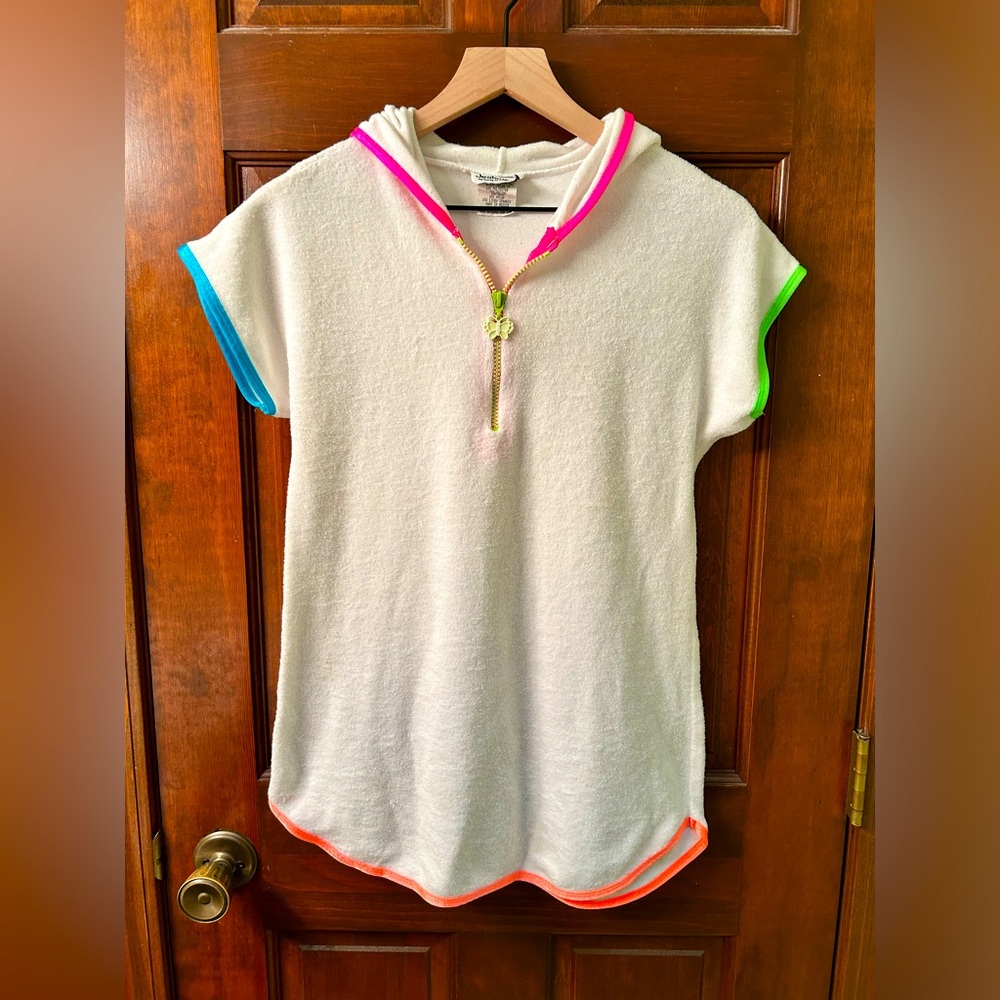 JEALOUS VTG 80s Terry Cloth hooded zip front swim suit cover-up. Size L